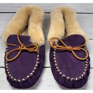 Purple Suede Sheepskin Lined Moccasin Slippers Cozy Warm Womens